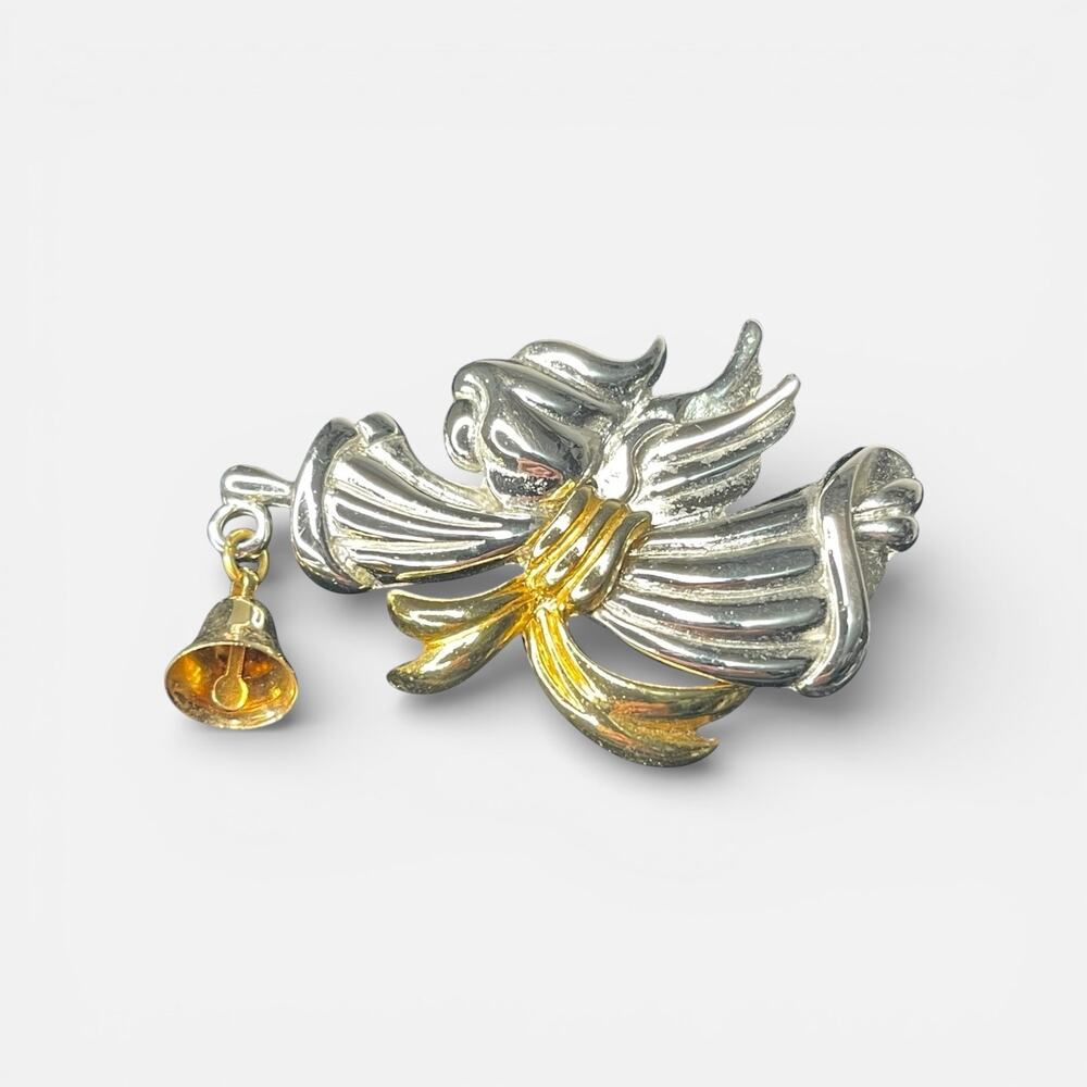 Vintage Tara Angel Brooch Silver Gold Tone Flying Angel with Dangle Bell Pin